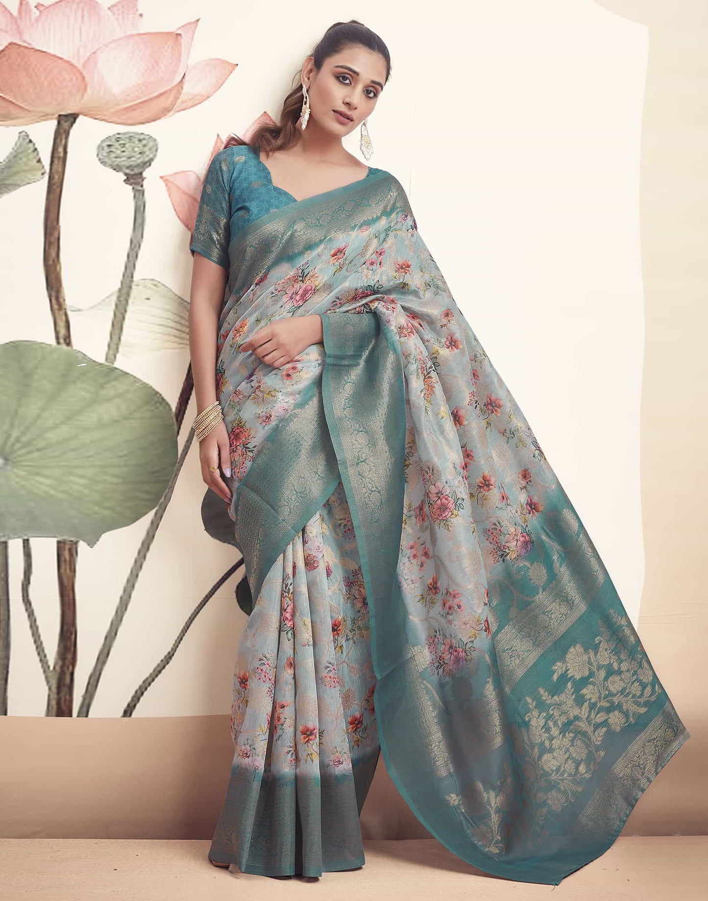 Blue Cotton Printed Saree