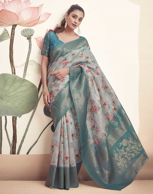 Blue Cotton Printed Saree