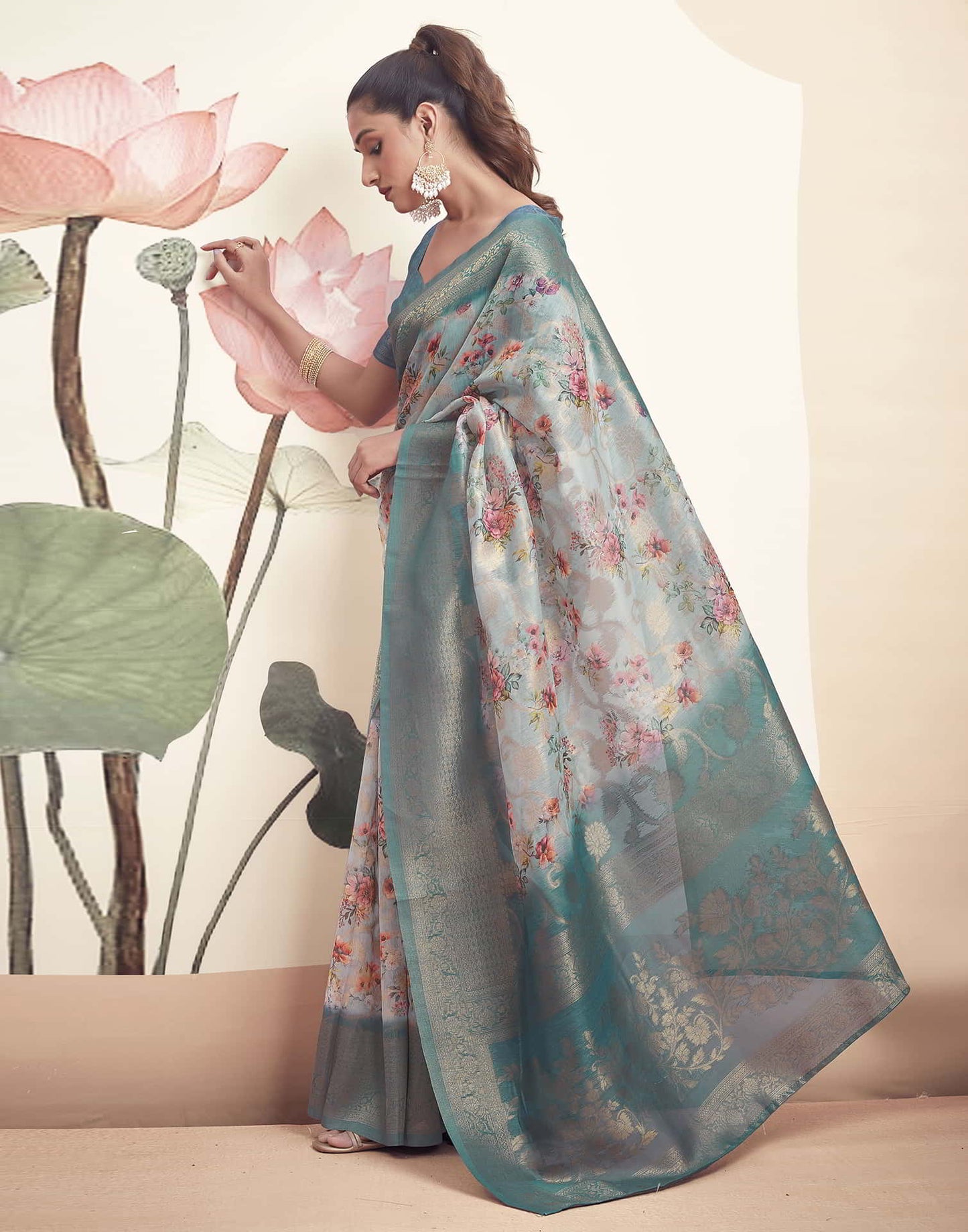 Blue Cotton Printed Saree