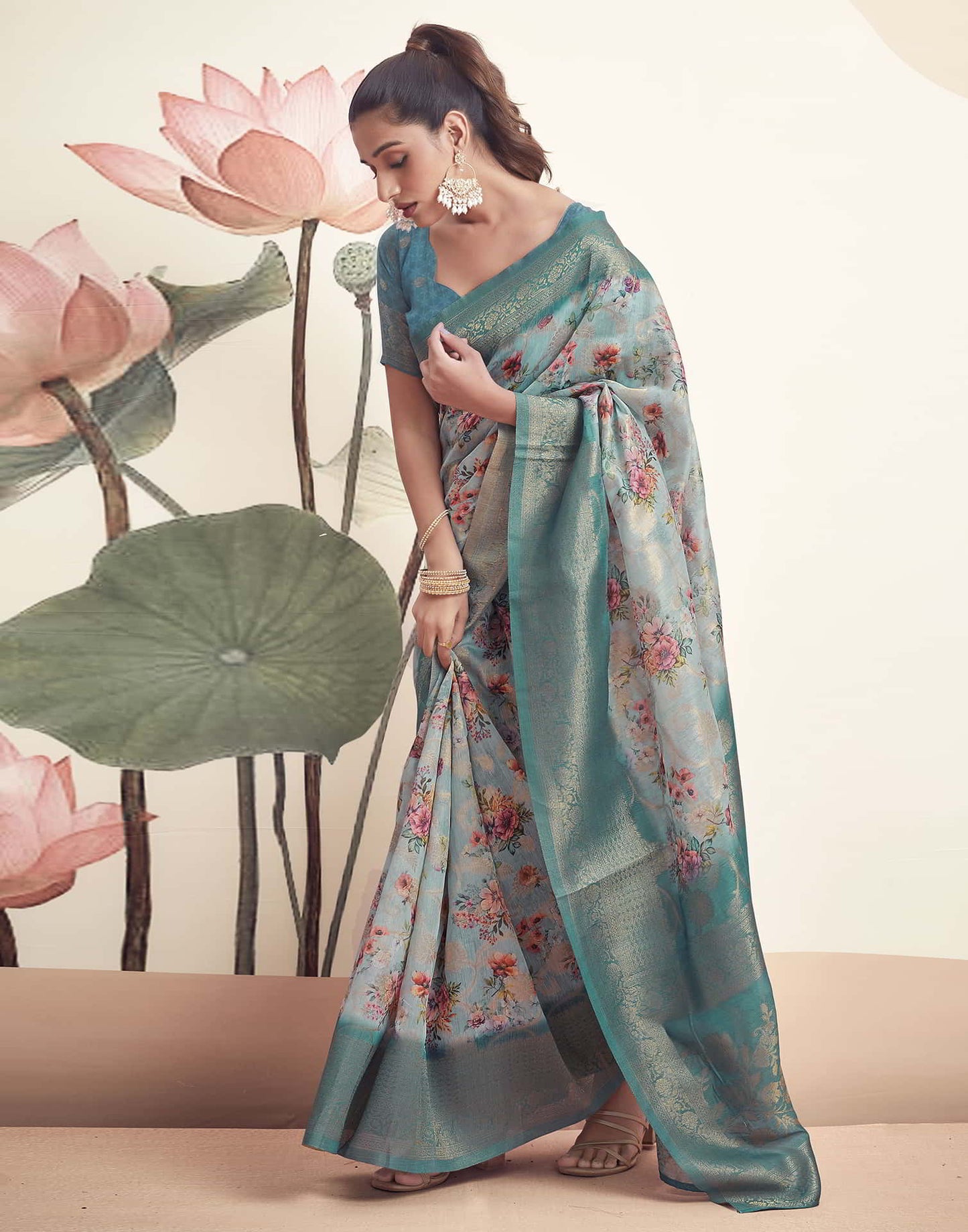 Blue Cotton Printed Saree