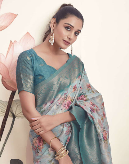 Blue Cotton Printed Saree