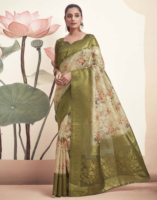 Beige Cotton Printed Saree