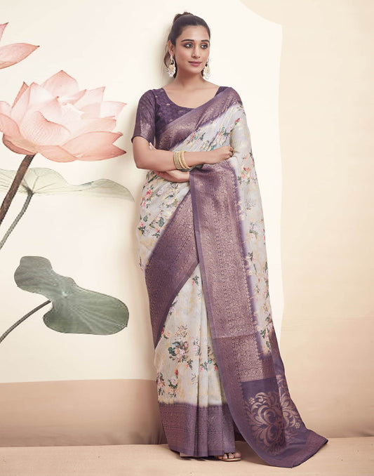 Beige Cotton Printed Saree