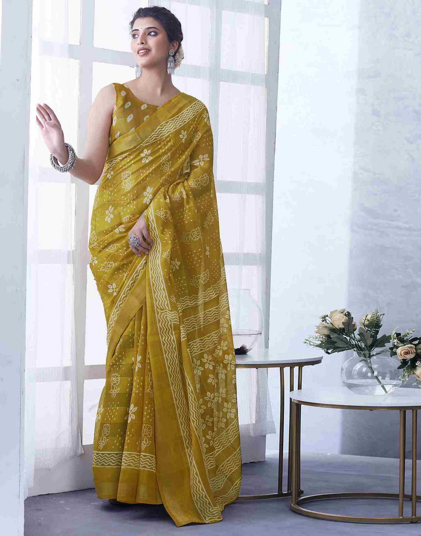 Yellow Cotton Printed Saree