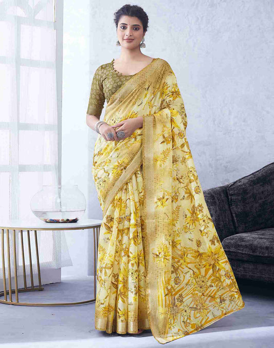 Yellow Cotton Printed Saree