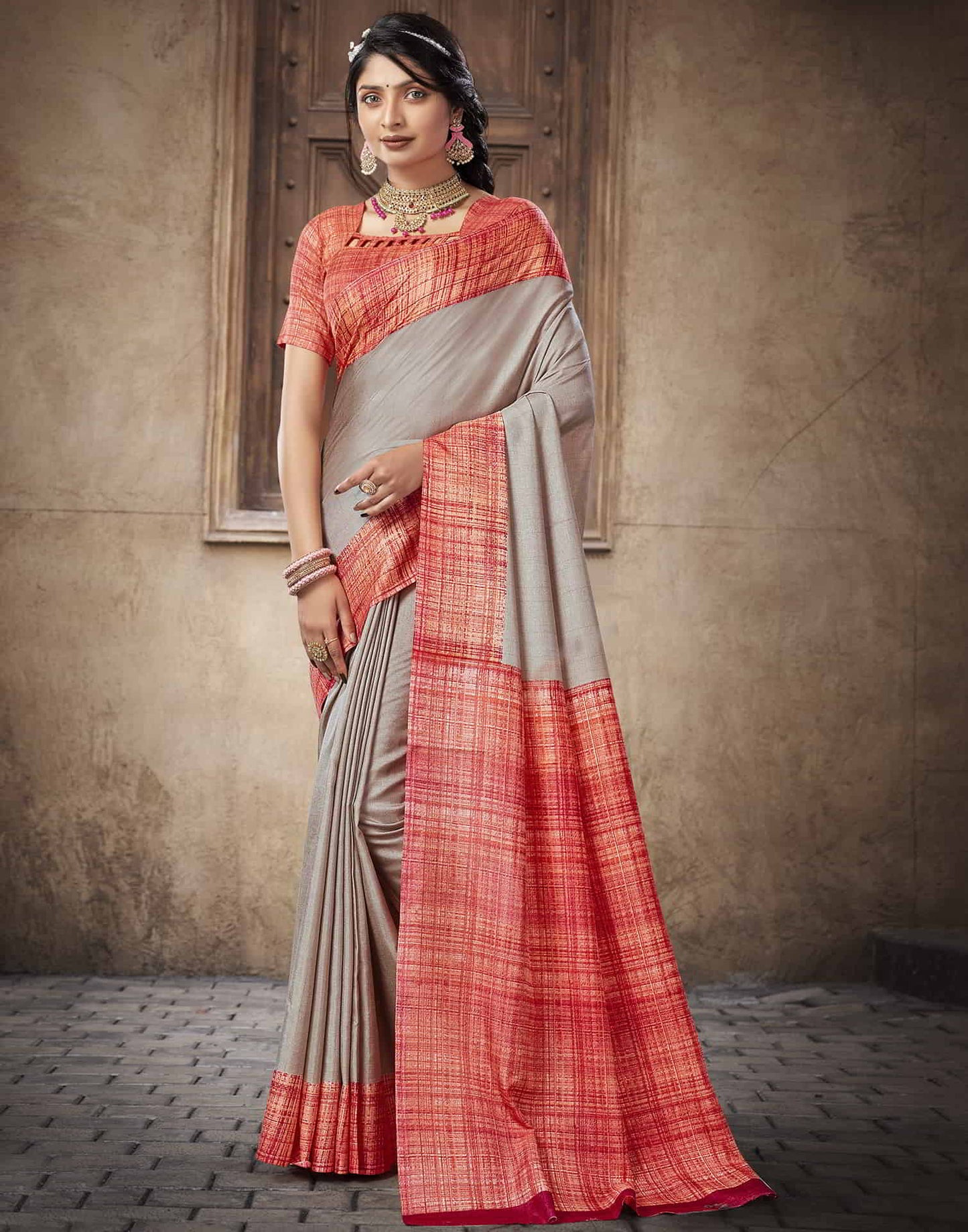 Grey Silk Printed Saree