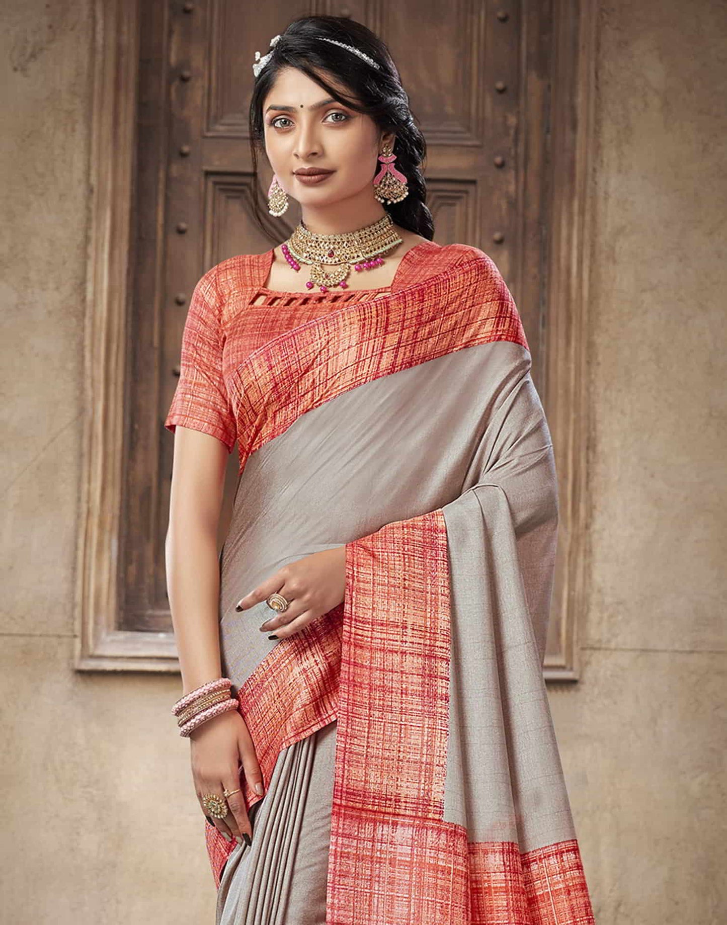 Grey Silk Printed Saree