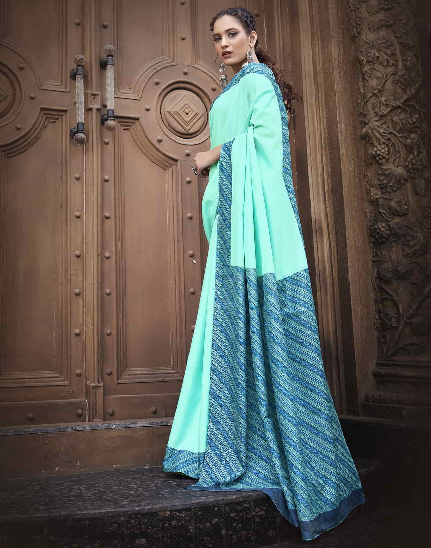 Turquoise Silk Printed Saree