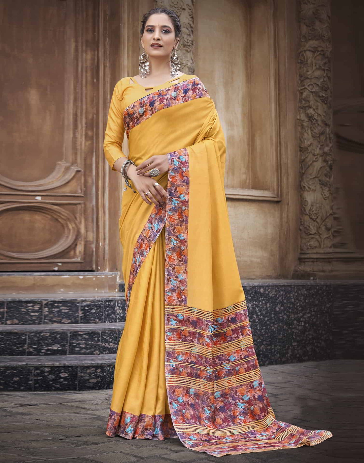 Yellow Silk Printed Saree