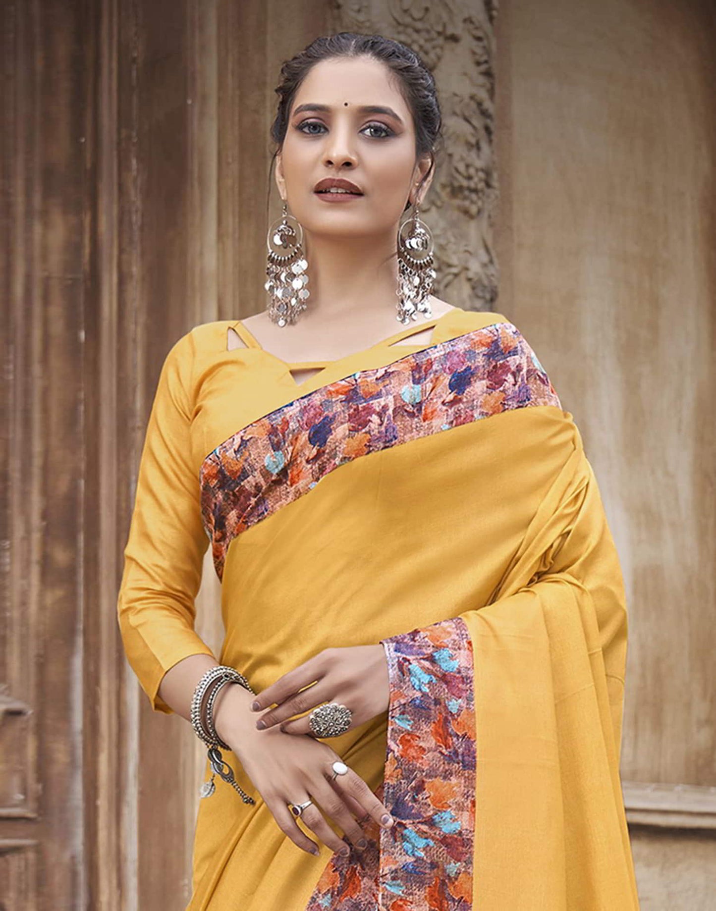 Yellow Silk Printed Saree