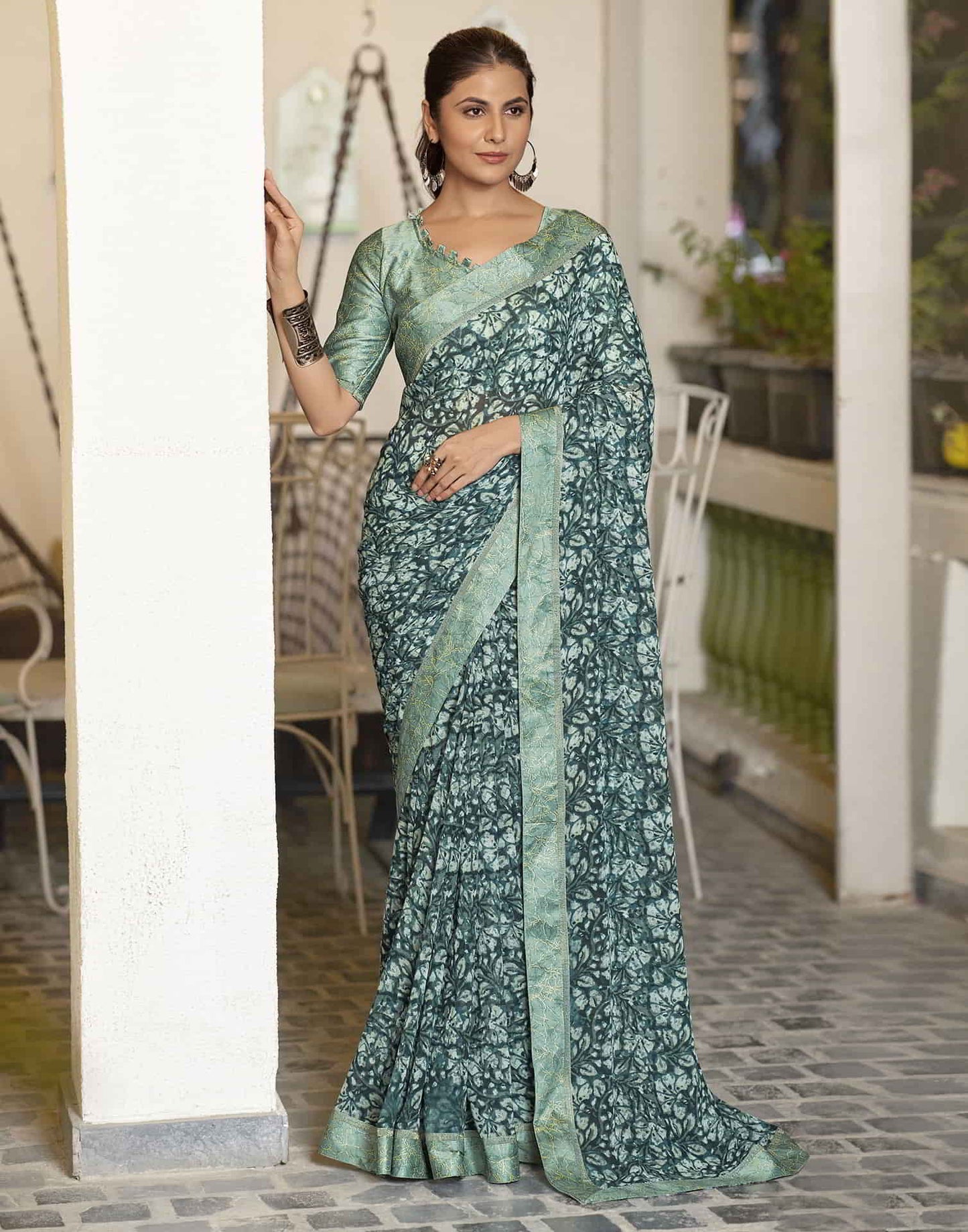 Green Georgette Printed Saree