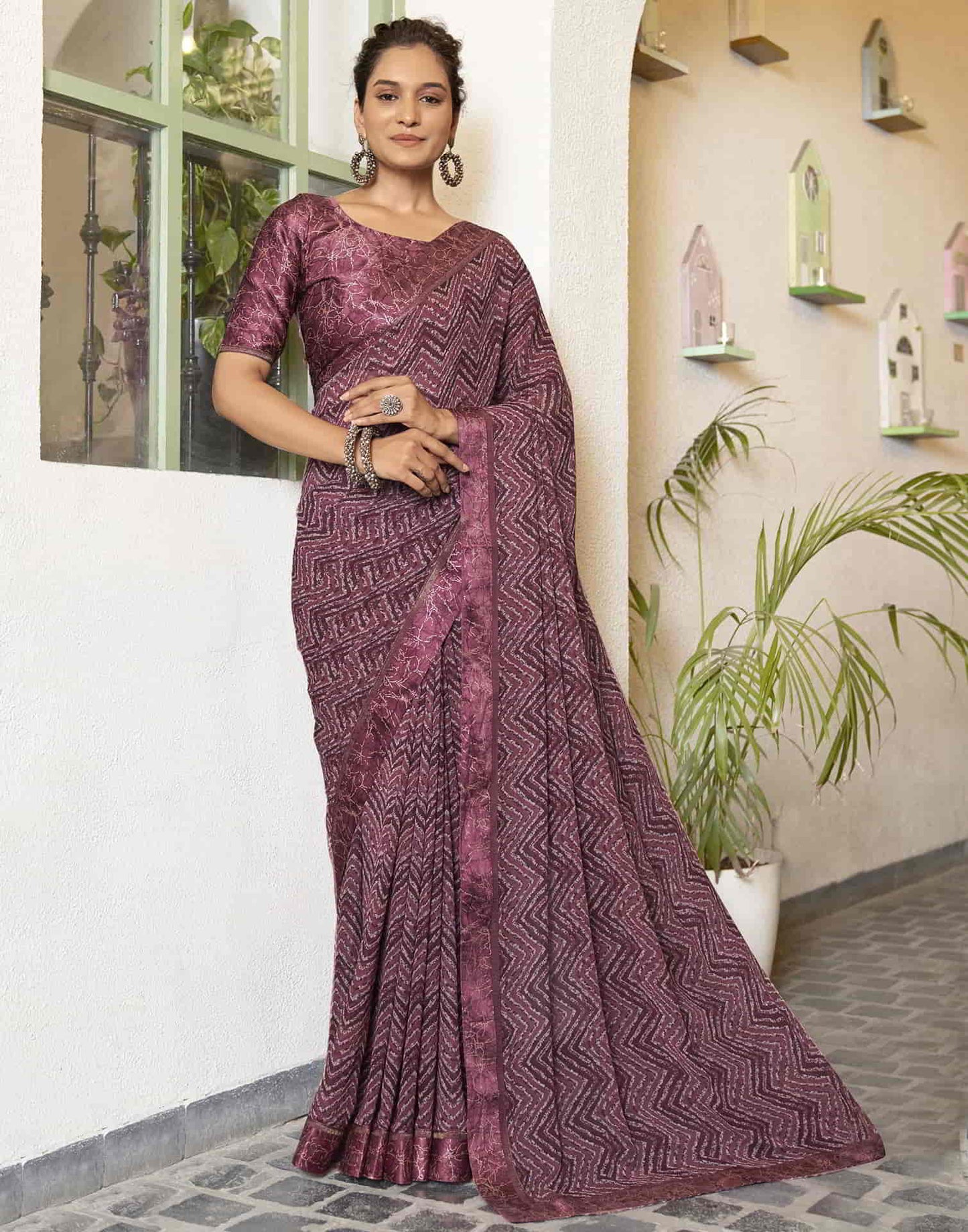 Wine Georgette Printed Saree