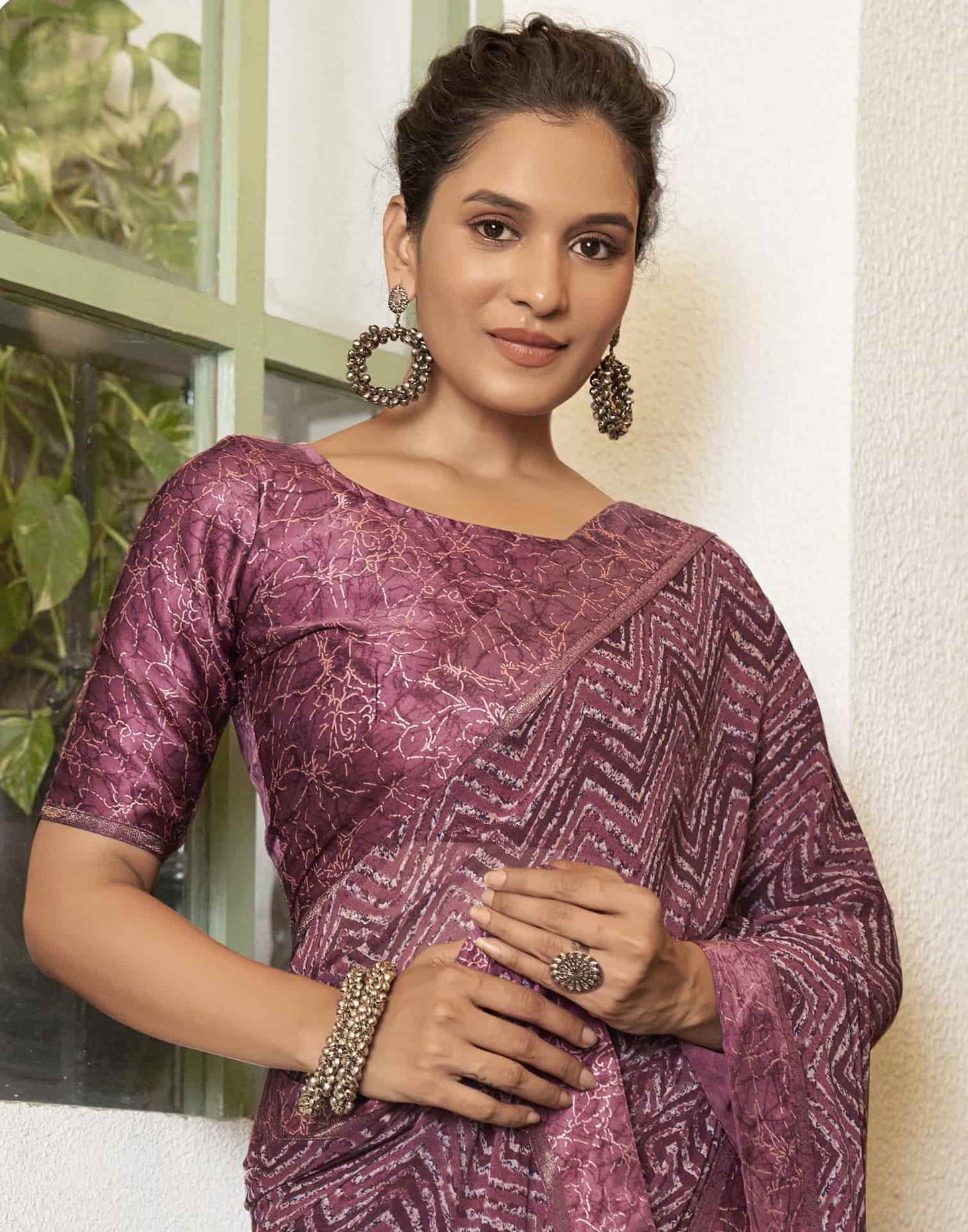 Wine Georgette Printed Saree