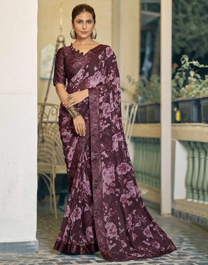 Wine Georgette Printed Saree