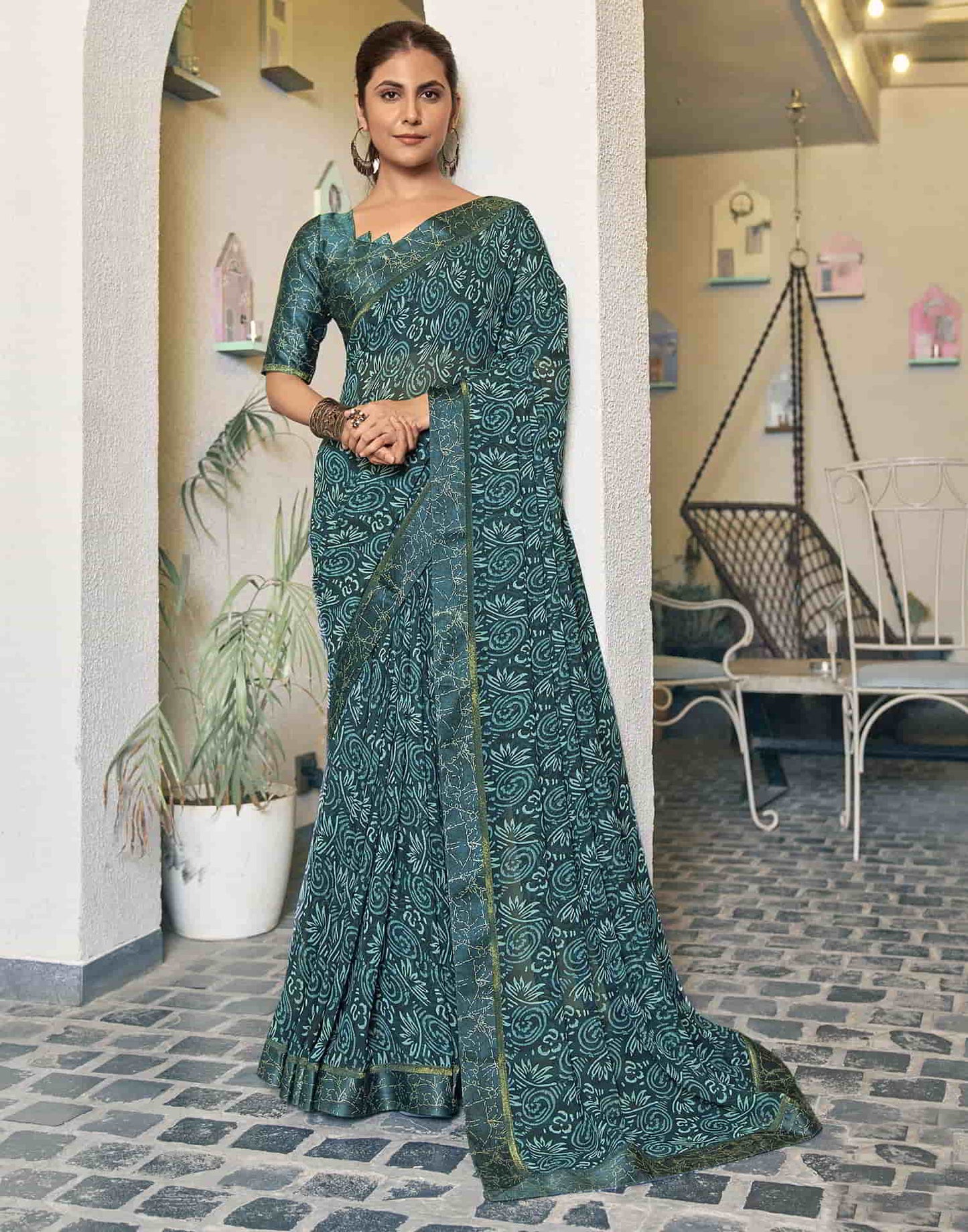 Teal Georgette Printed Saree
