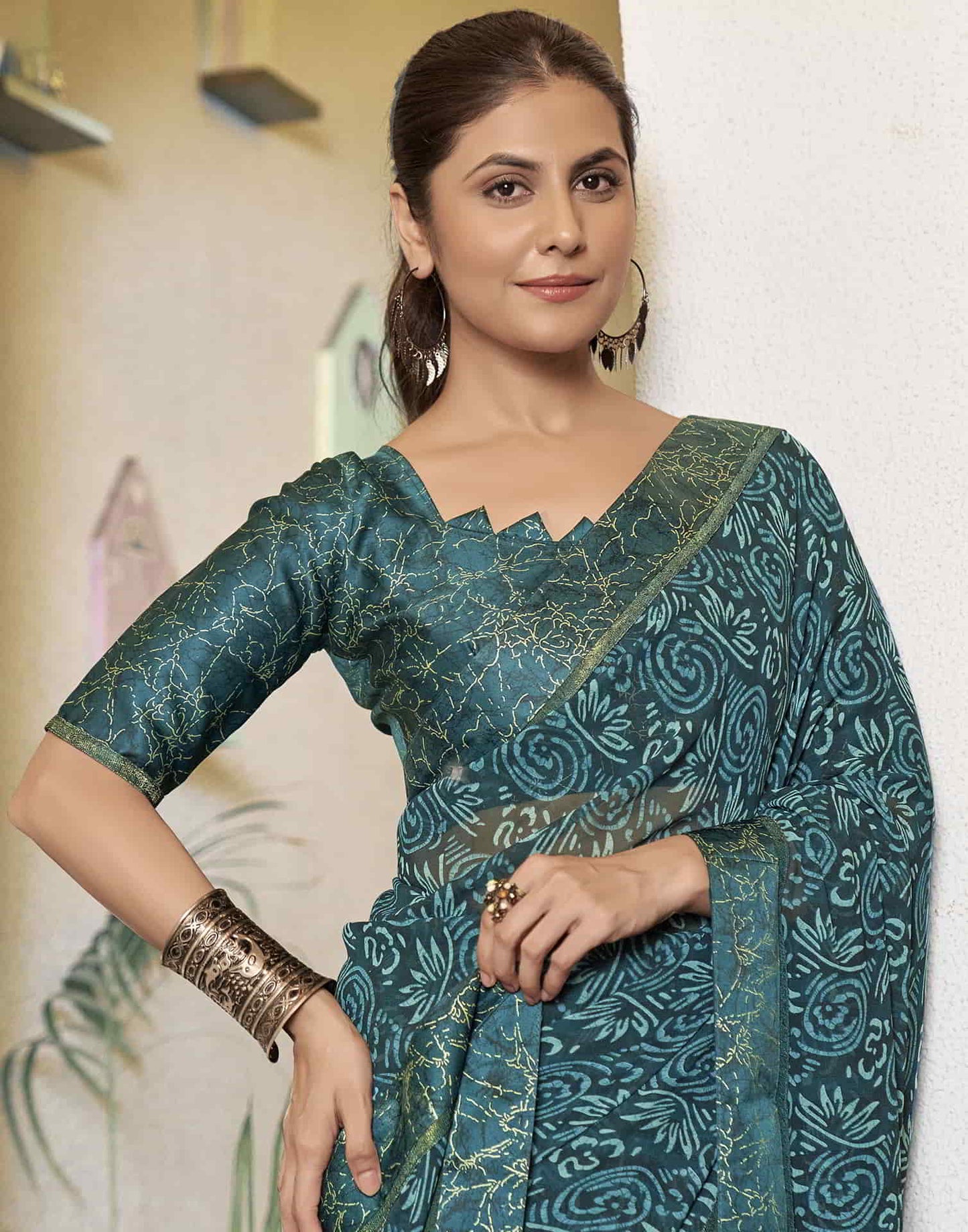 Teal Georgette Printed Saree