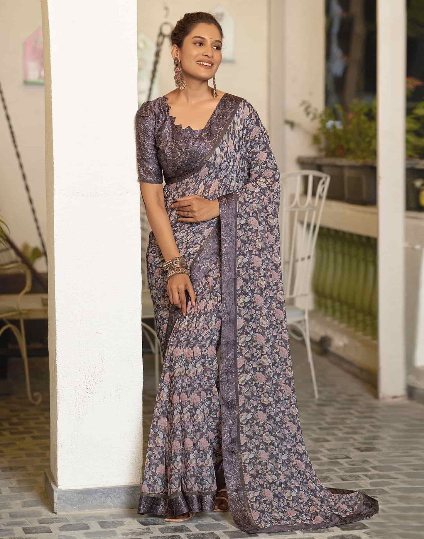 Mauve Georgette Printed Saree