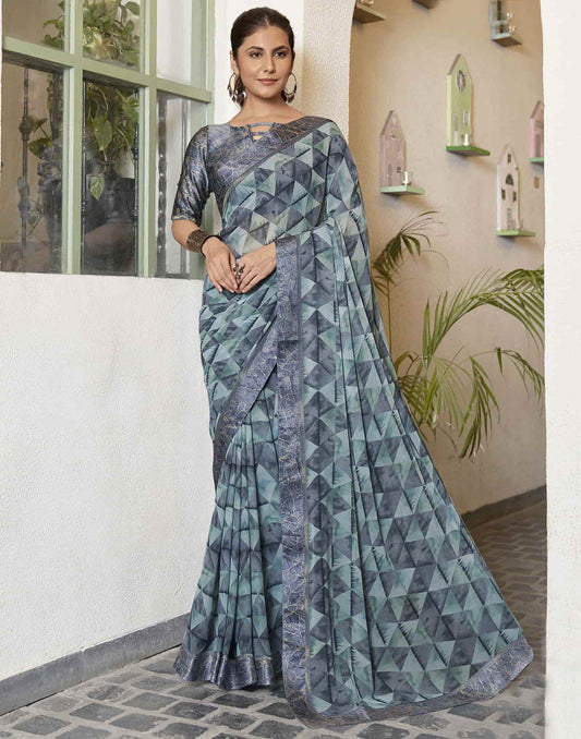 Grey Georgette Printed Saree