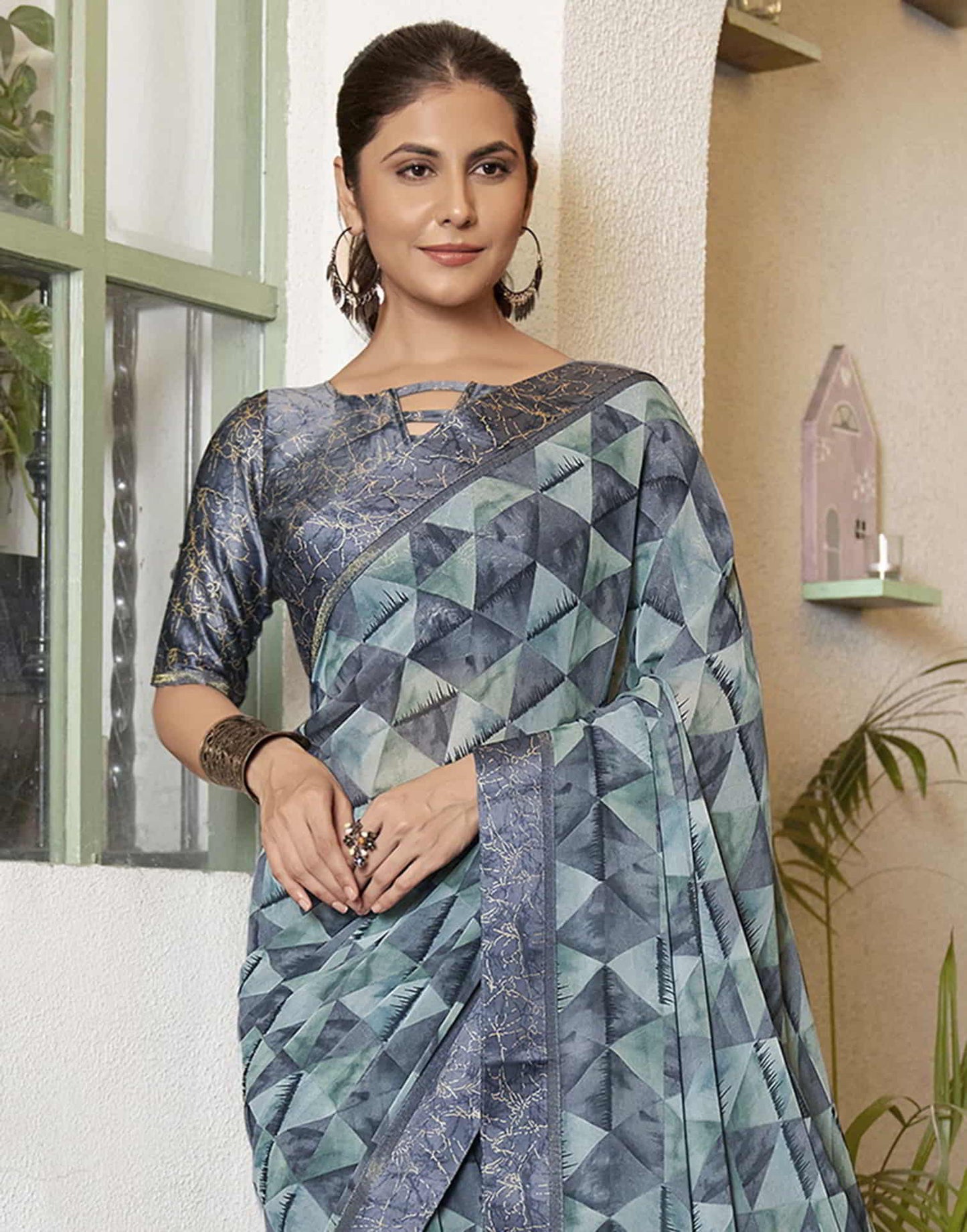 Grey Georgette Printed Saree