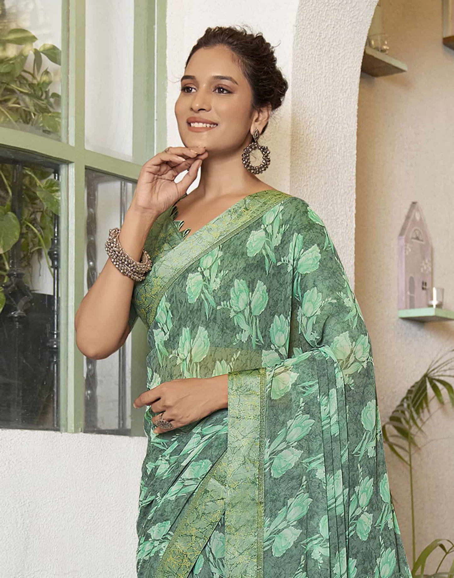 Green Georgette Printed Saree