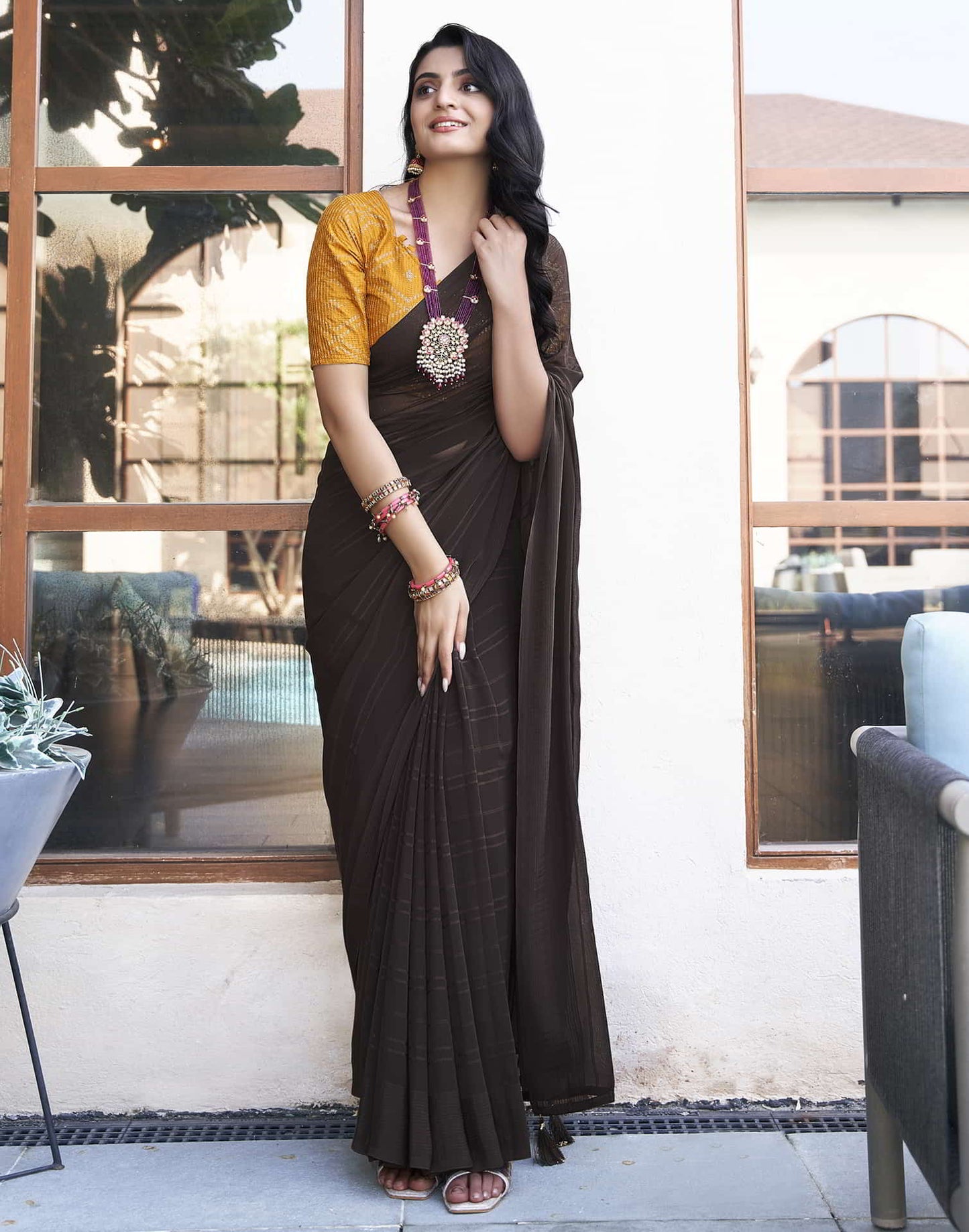 Brown Georgette Plain Saree