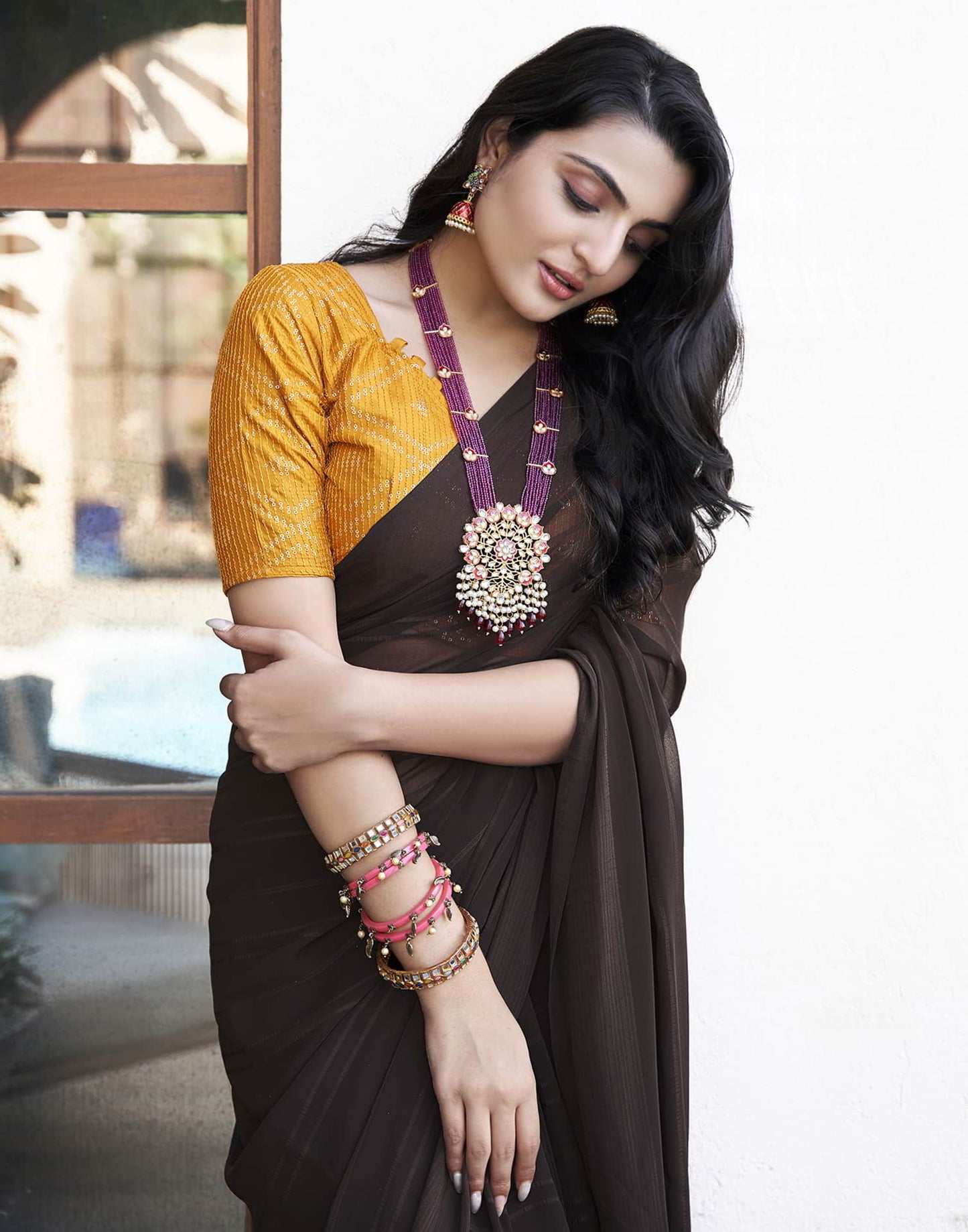 Brown Georgette Plain Saree
