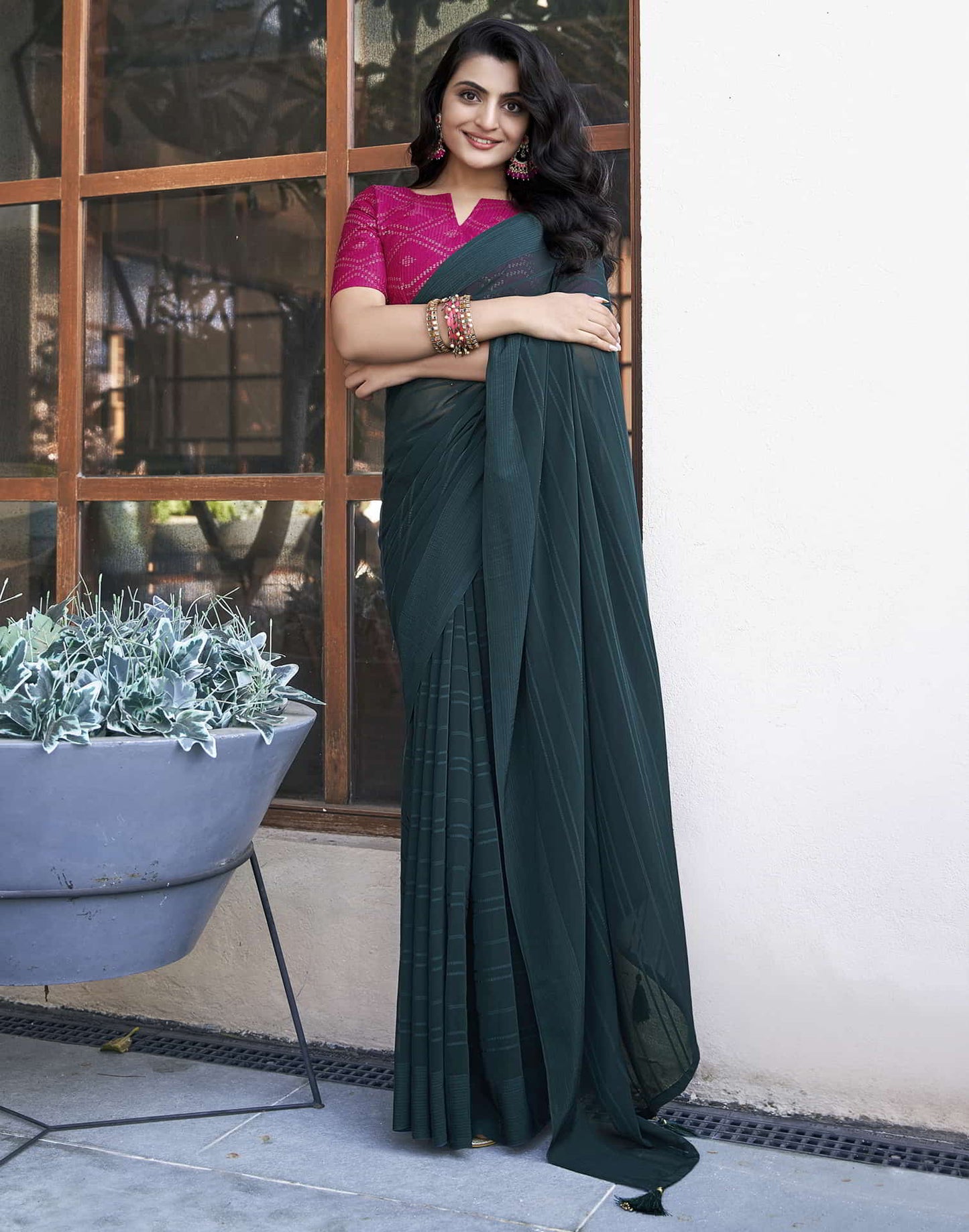 Teal Georgette Plain Saree