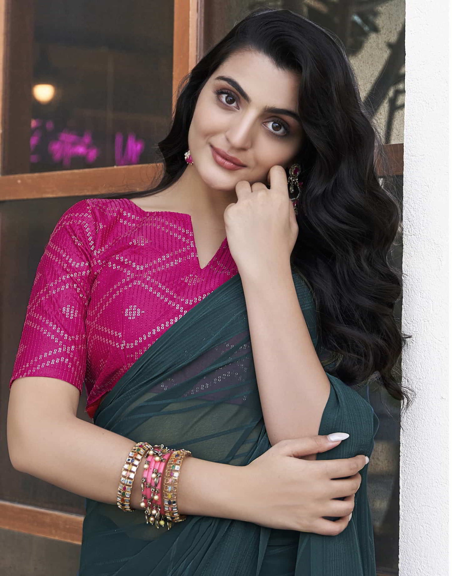 Teal Georgette Plain Saree