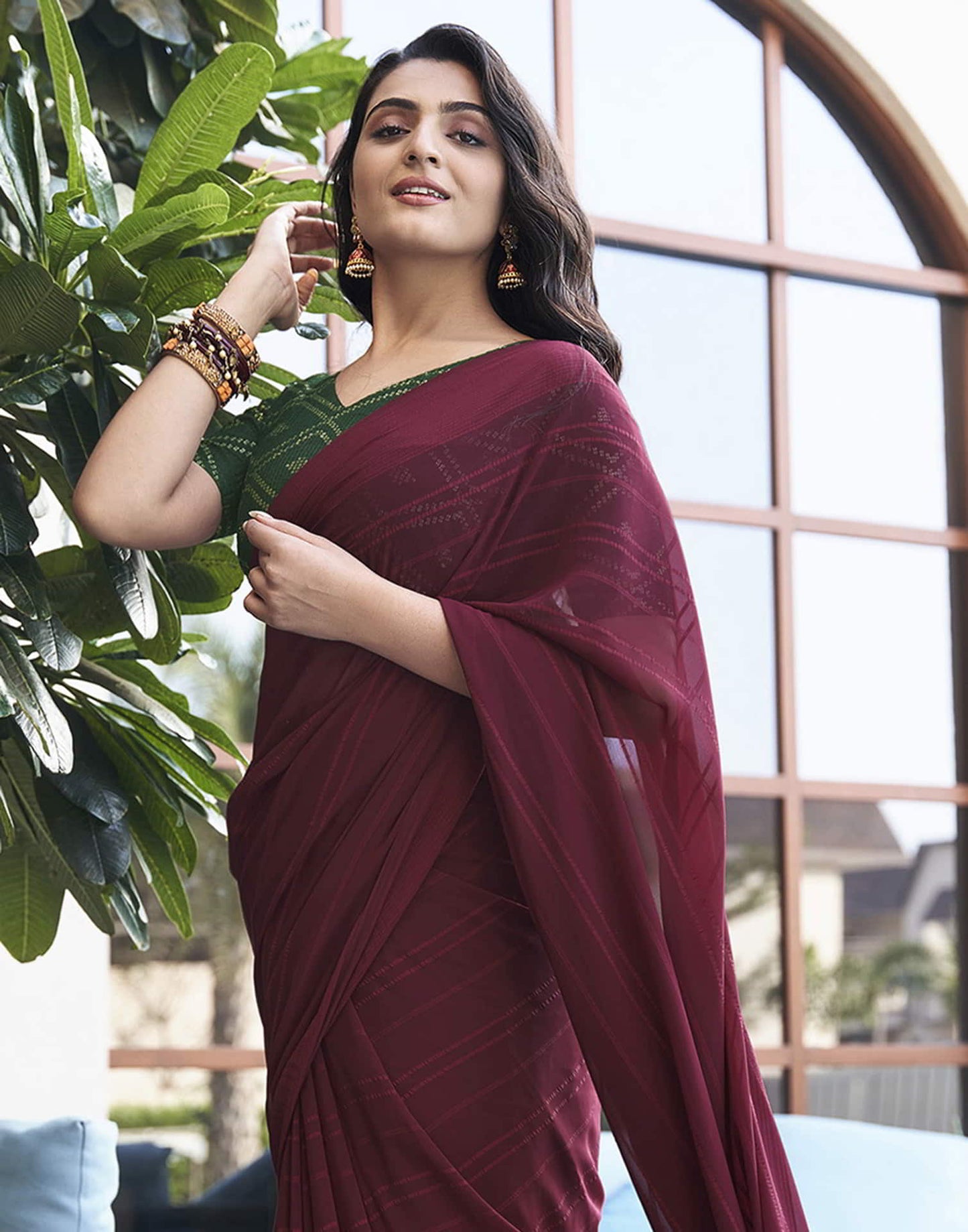 Maroon Georgette Plain Saree