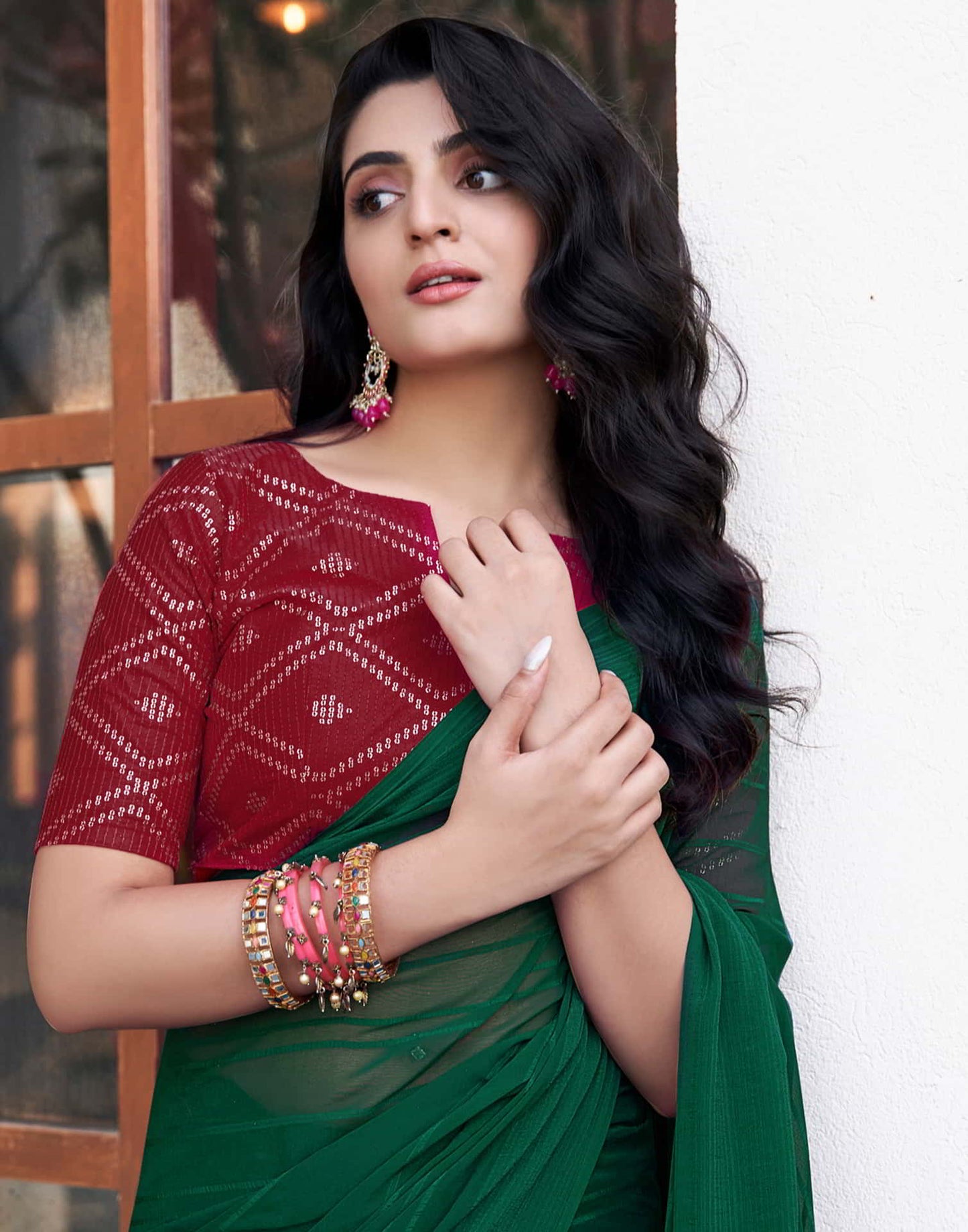 Green Georgette Plain Saree