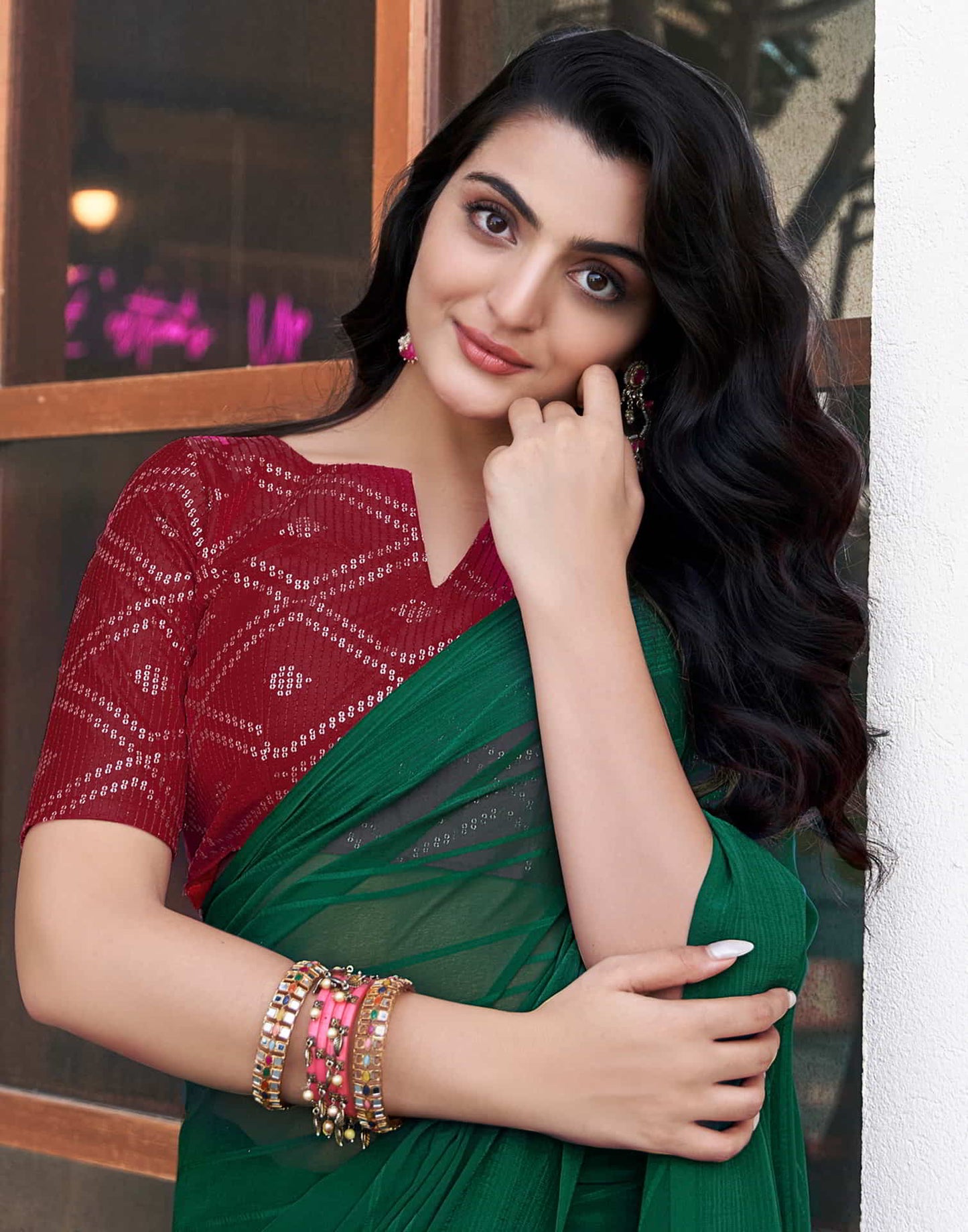 Green Georgette Plain Saree