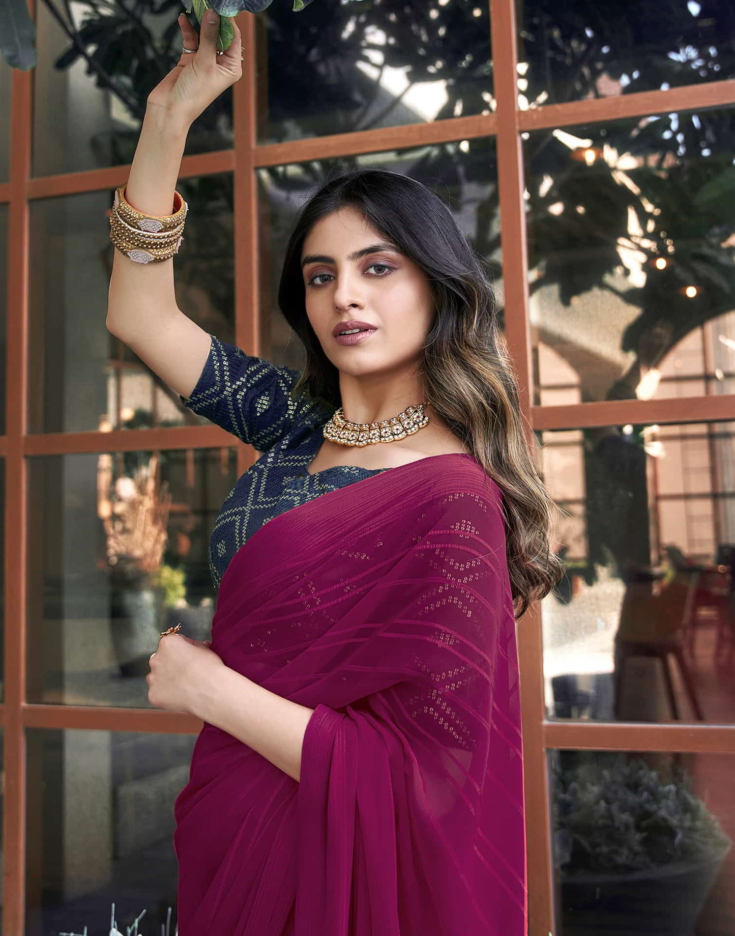 Magenta Georgette Plain Saree