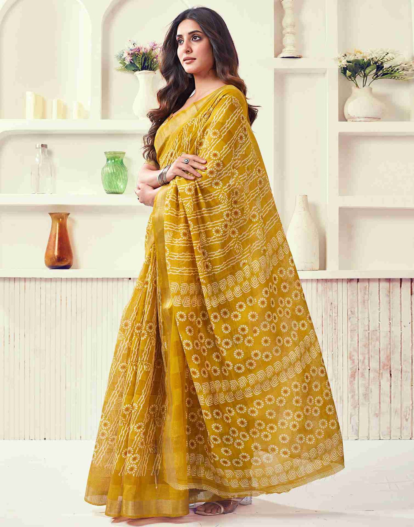 Yellow Cotton Printed Saree