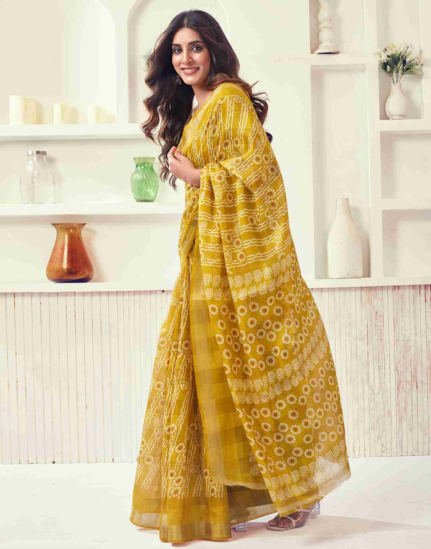 Yellow Cotton Printed Saree