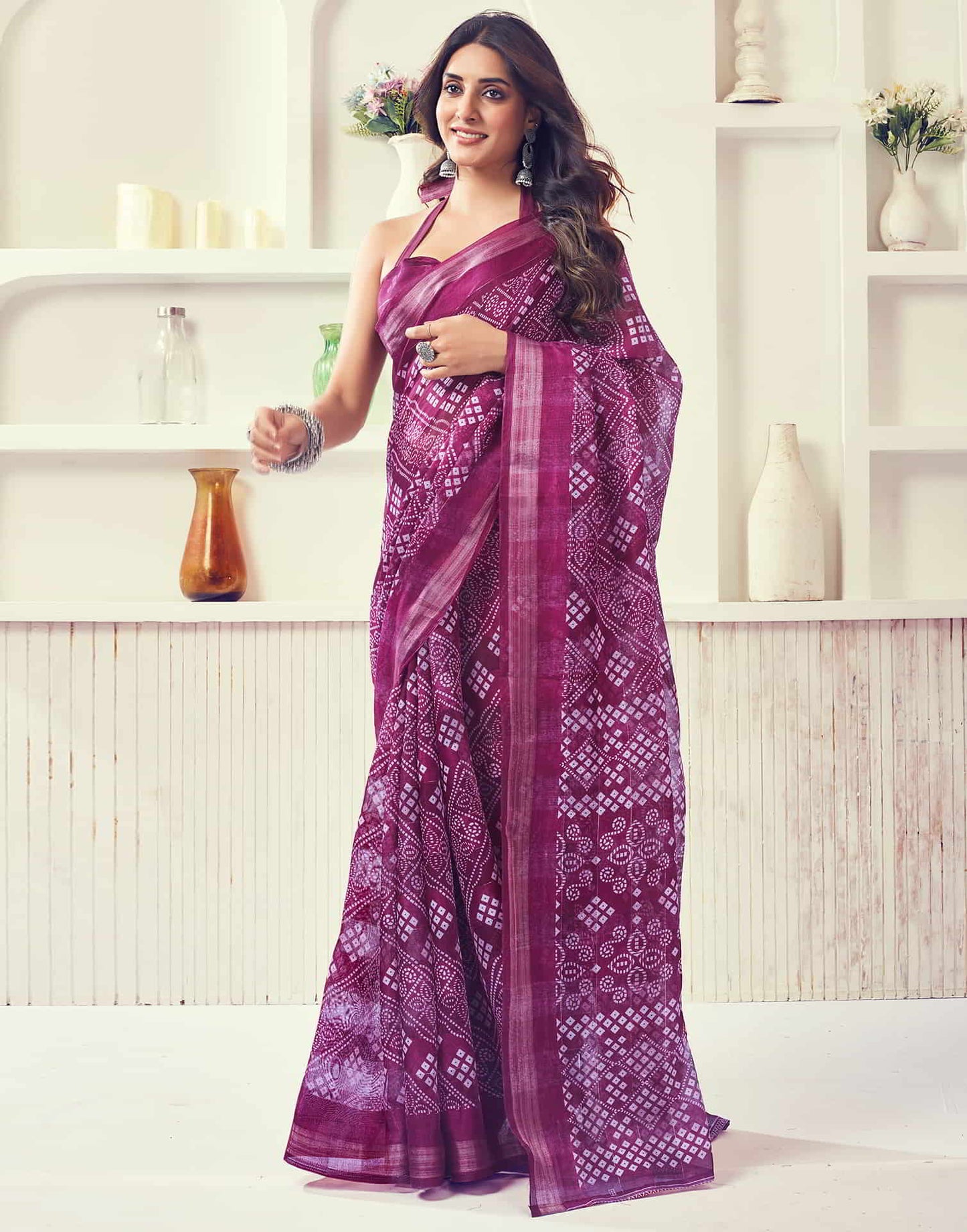 Wine Printed Cotton Bandhani Saree