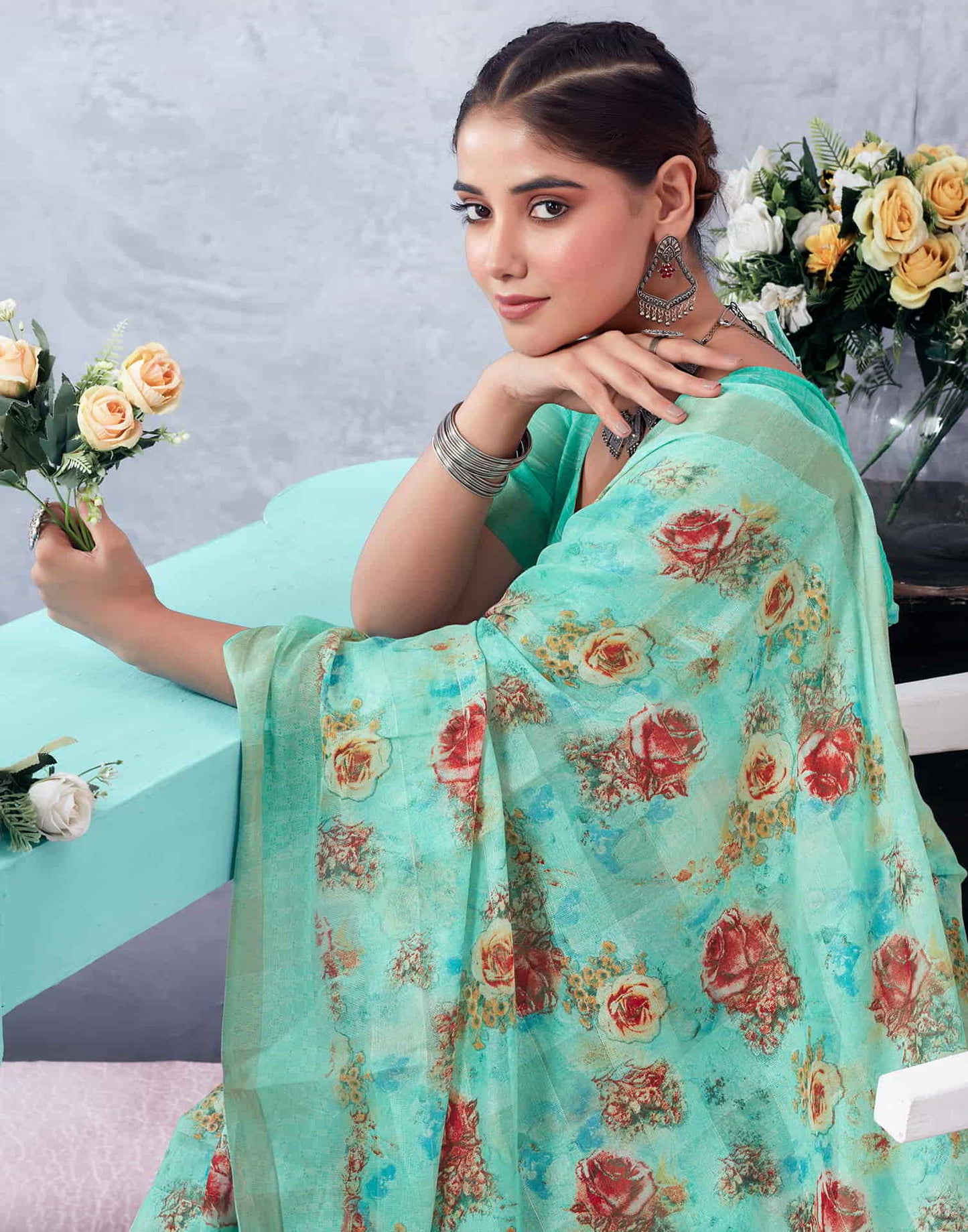 Green Printed Cotton Saree