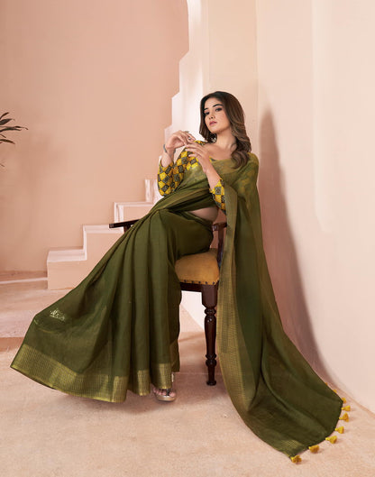 Green Linen Plain Saree