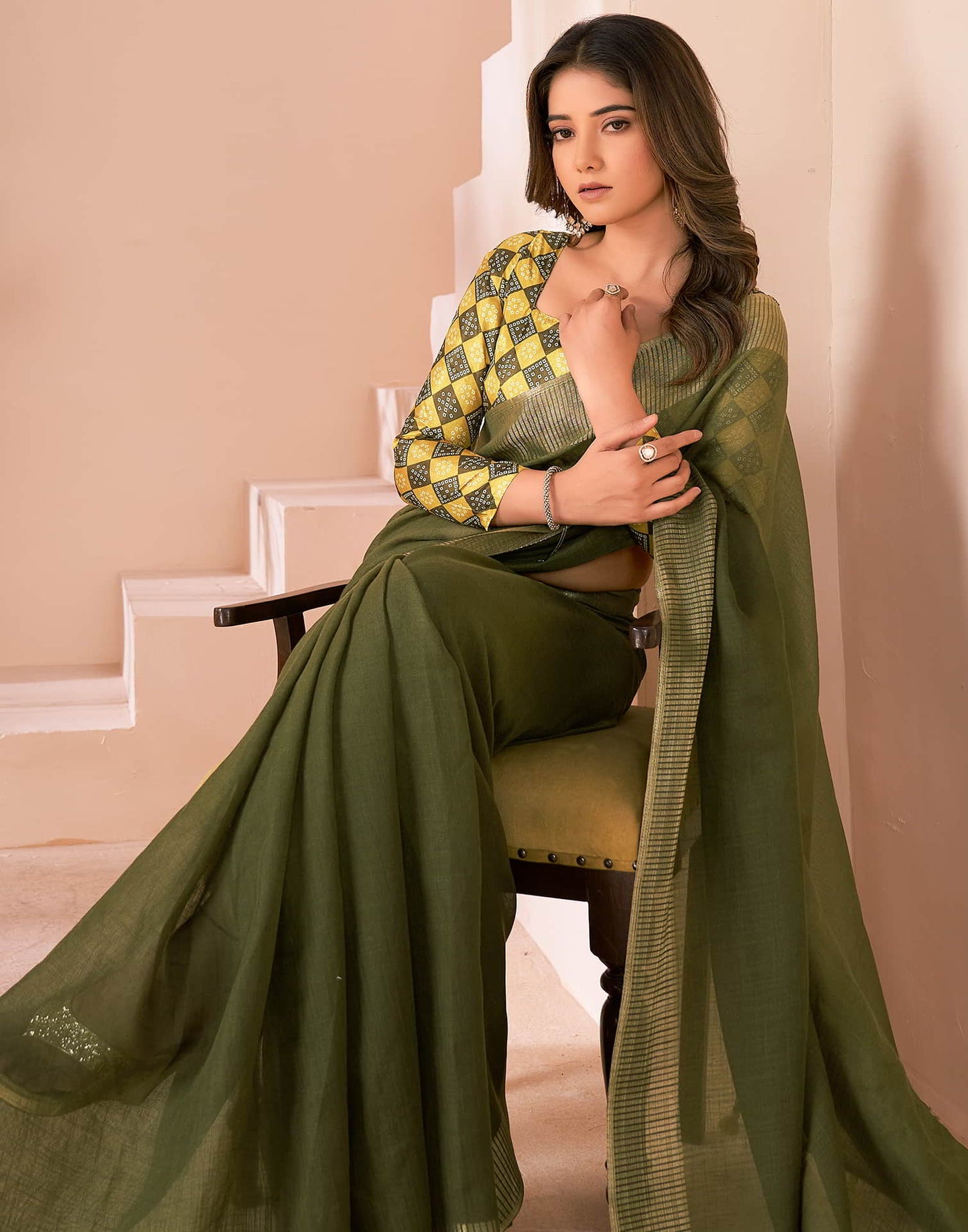 Green Linen Plain Saree