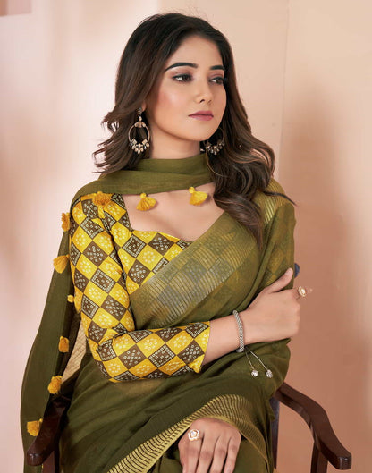 Green Linen Plain Saree