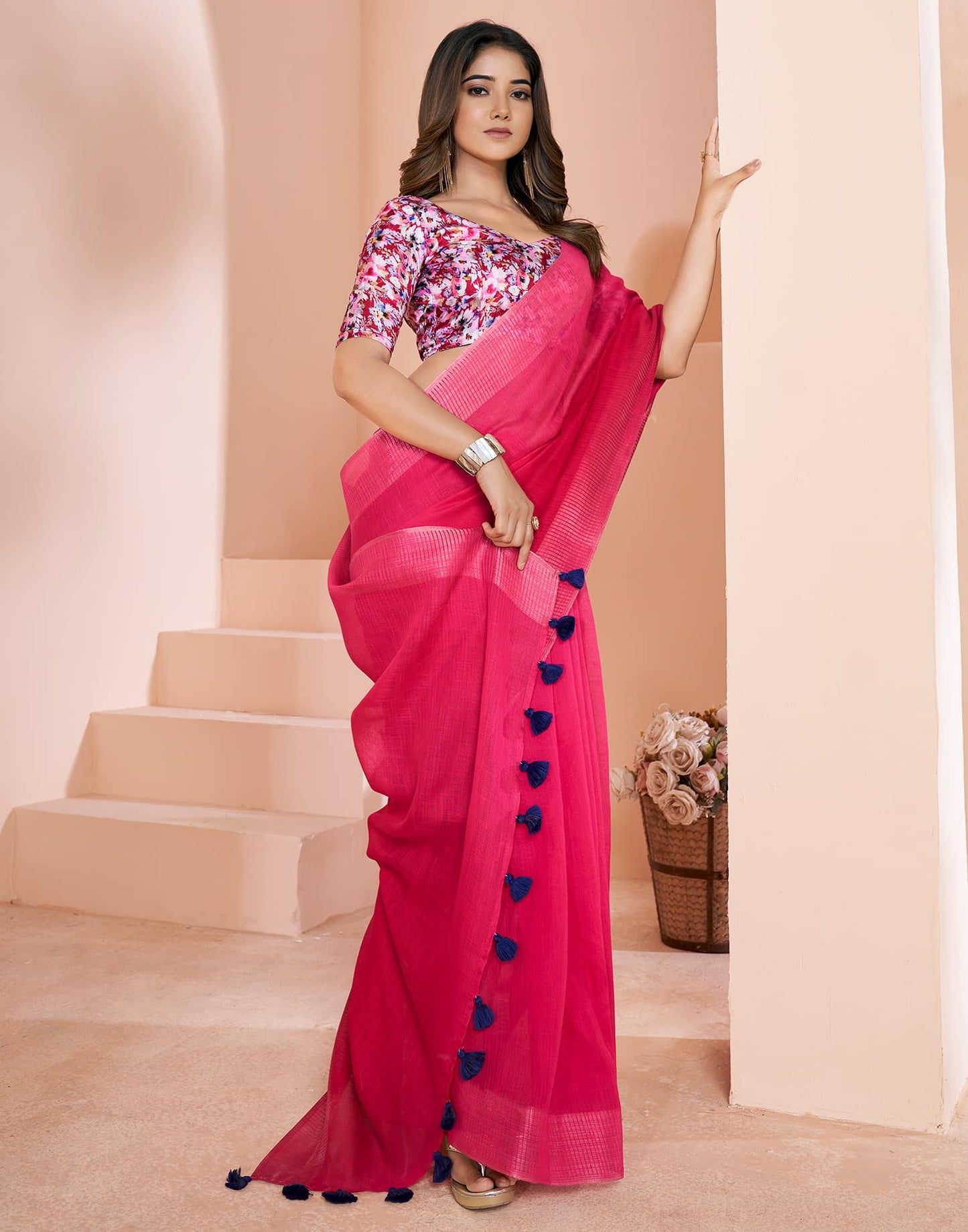 Pink Linen Plain Saree