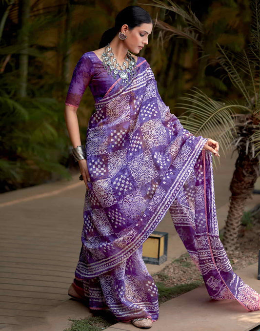 Violet Cotton Printed Saree