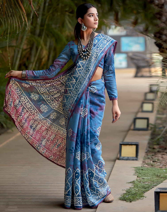 Blue Cotton Printed Saree