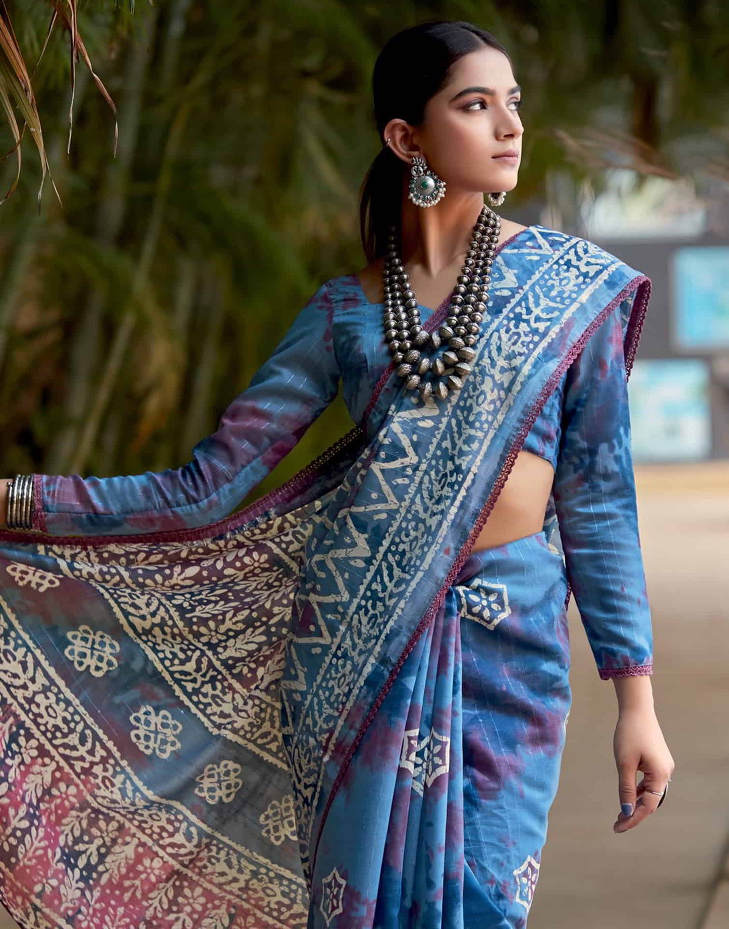 Blue Cotton Printed Saree