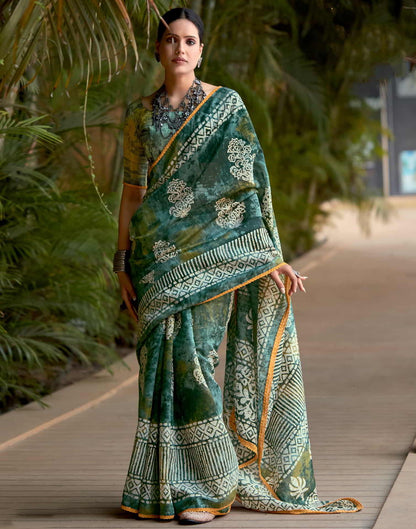 Green Cotton Printed Saree