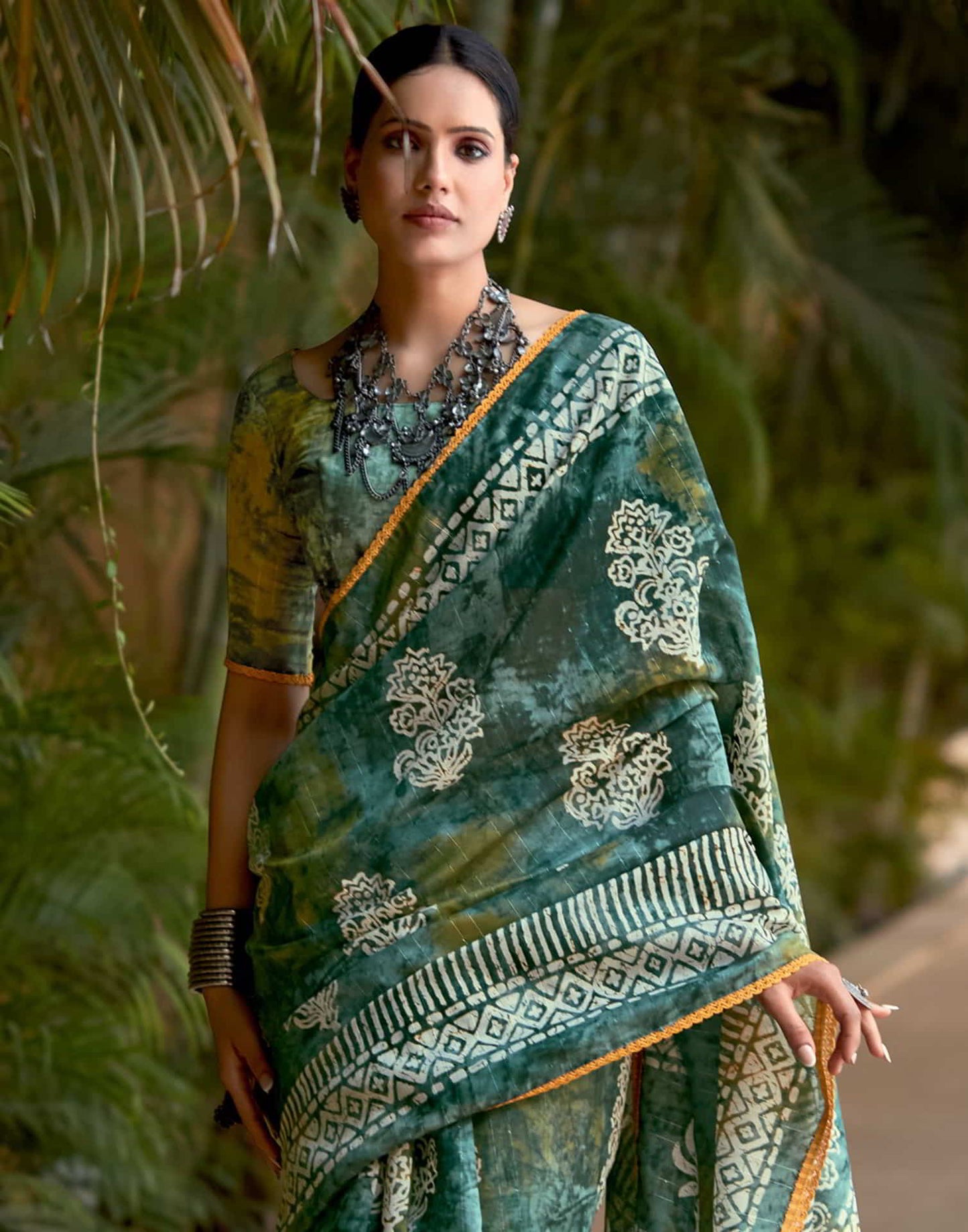 Green Cotton Printed Saree