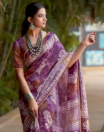 Purple Cotton Printed Saree