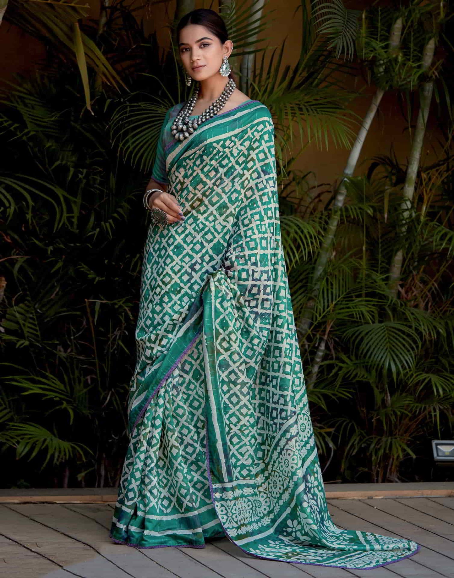 Turquoise Cotton Printed Saree