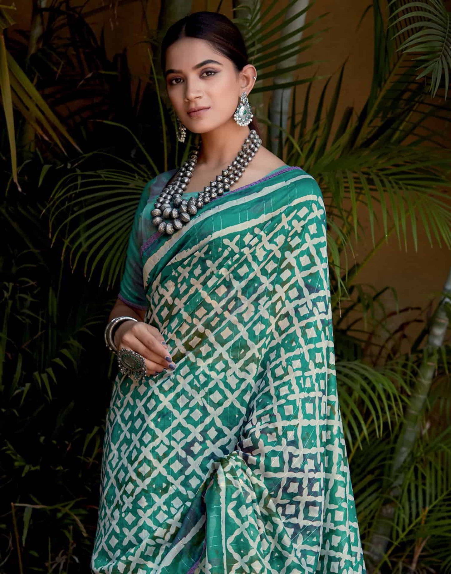 Turquoise Cotton Printed Saree