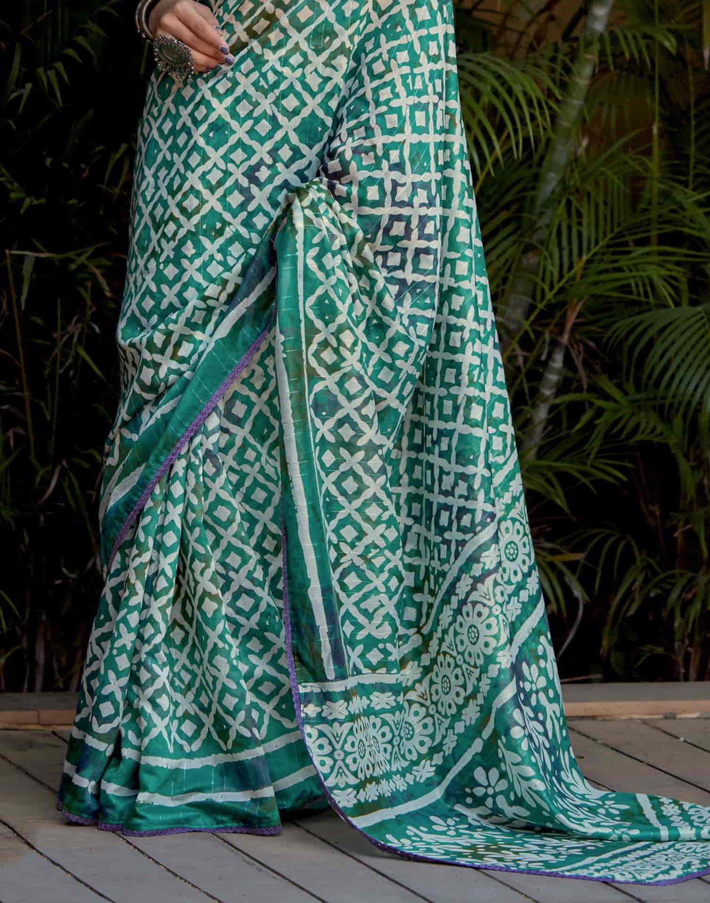 Turquoise Cotton Printed Saree