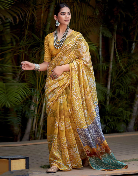 Yellow Cotton Printed Saree